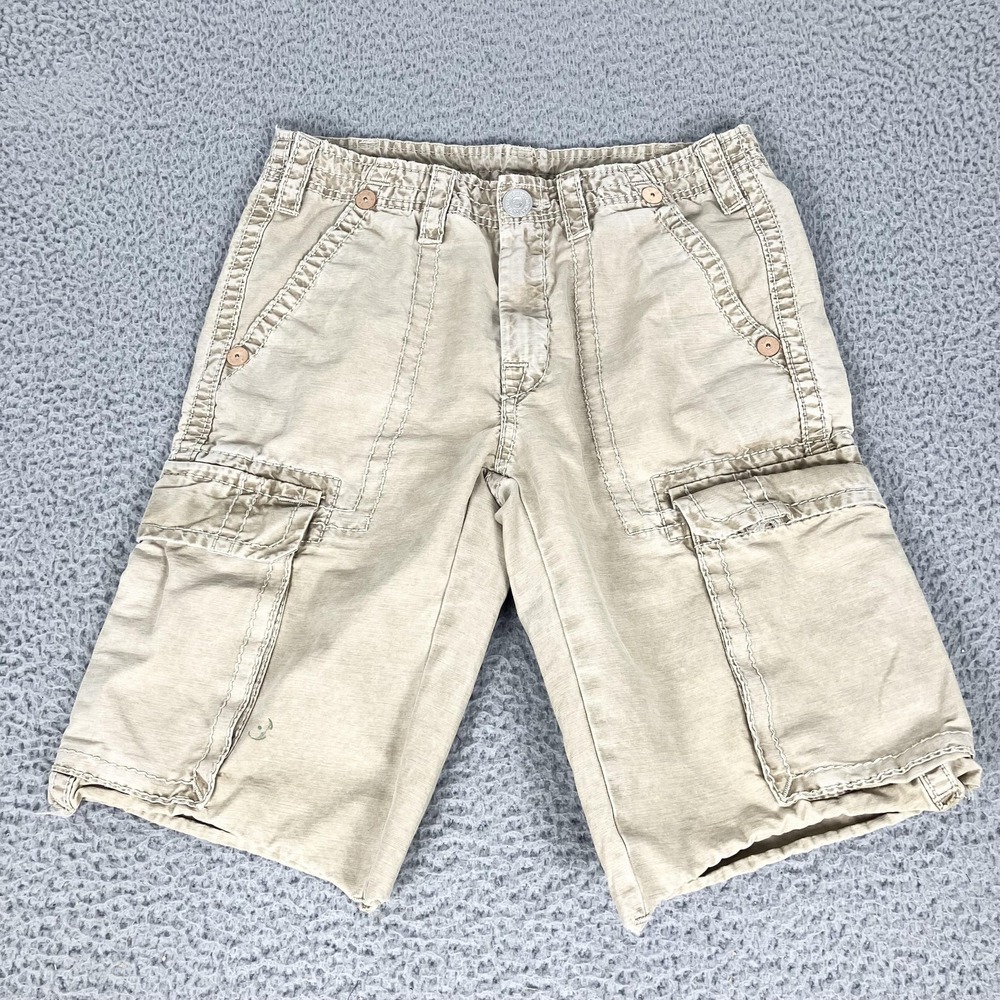 True Religion Cargo Shorts Mens 29 Beige 12" Canvas Relaxed Fit Utility